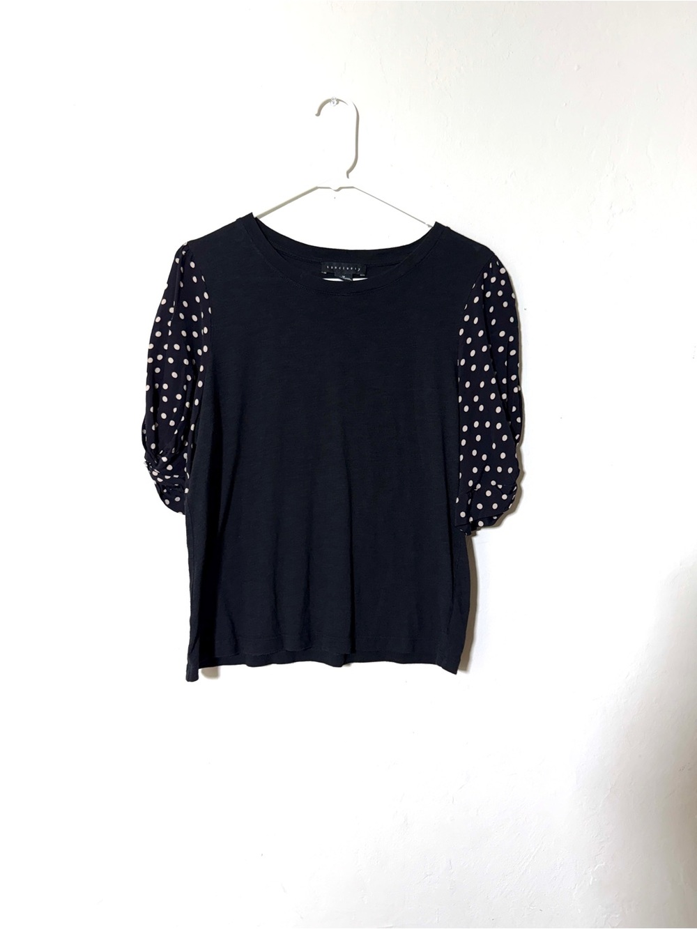 Sanctuary Black Top with Polka Dot Puff Short Sleeves